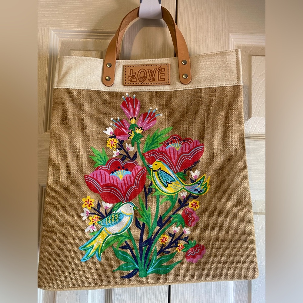 Brighton LOVE Tote- Floral & Lovebird- Burlap- Excellent Condition